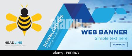 honey bee concept horizontal webpage banner template design on abstract background with flat modern isolated vector icon and geometric shapes. Stock Vector