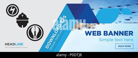 Electrician concept horizontal webpage banner template design on abstract background with flat modern isolated vector icon and geometric shapes. Stock Vector