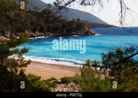 Beautiful sand beach with pine trees and blue sea with waves at warm sunny summer day. Mediterranean sea, Turkey. Stock Photo