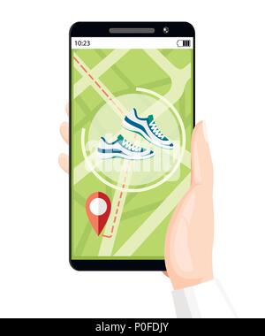 Fitness tracker concept. Smartphone mobile app shows way. Wristband with steps counter. Vector illustration on background texture. Place for your text Stock Vector
