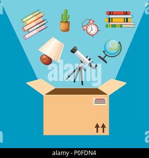Empty cardboard box. Opened cardboard box with falling objects. Delivery concept. Vector illustration on blue background. Stock Vector