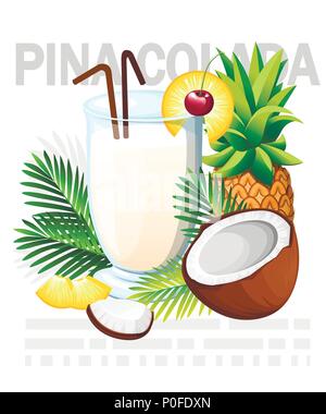Pina Colada cocktail. Tropical cocktail with coconut and pineapple. Glass with drinks tube. Green palm leaves. Vector illustration on white background Stock Vector