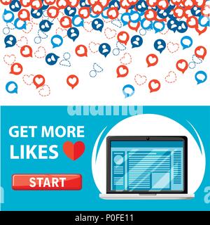 Get more likes. Red and blue icons falling. SEO concept. Design elements for social network,marketing. Vector illustration with laptop. Web site page  Stock Vector