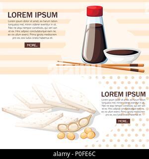 Japanese chopsticks and soy sauce in a white bowl. Soy sauce in transparent bottles with red caps. Tofu and soya beans. Vector illustration on white b Stock Vector