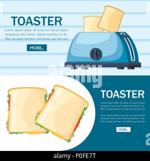 Blue toaster. Steel toaster with two slices of bread. Cartoon style design. Two ready-to-eat sandwich. Vector illustration on background. Stock Vector