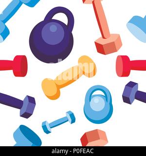 Seamless pattern. Weight and dumbbells training equipment. Sports collection in various colors. Flat vector illustration on white background. Stock Vector