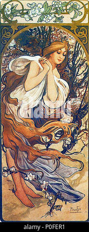. English: Art nouveau illustration by Alfons Mucha  . Late 19th or early 20th century. Alfons Mucha 72 Mucha girl Stock Photo
