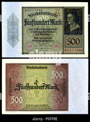 . English: German Papiermark of the Weimar Republic, post World War I hyperinflation era (1921–24).  . 1922 (note), 2015 (image). Reichsbankdirektorium Berlin 3 GER-73-Reichsbanknote-500 Mark (1922) Stock Photo