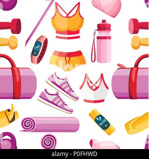 Seamless pattern. Set of sports accessories and clothes. Women outfits. Orange and pink color collection. Icons for classes in the gym. Vector illustr Stock Vector