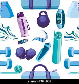 Seamless pattern. Set of sports accessories and clothes. Blue and purple color collection. Icons for classes in the gym. Vector illustration on white  Stock Vector