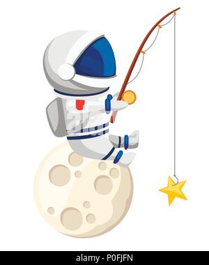 Cute astronaut illustration. Astronaut sits on the moon and fishes. Fishing rod with bait in the form of a star. Cartoon design style. Flat vector ill Stock Vector