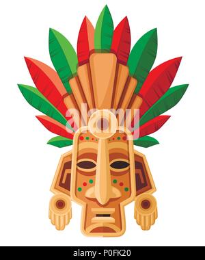 Ethnic tribal mask. Mask with green and red leaf. Ritual headdress, colorful. Vector illustration isolated on white background. Stock Vector