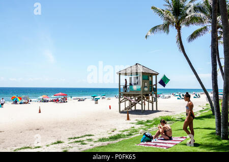 Florida Atlantic Ocean,Deerfield Beach,water,sand,lifeguard tower,palm trees,woman female women,sunbather,FL170725041 Stock Photo