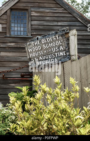 Florida Saint St. Augustine,St. George Street,US Oldest Wood School House,historic landmark,1716,exterior outside,garden,sign,FL170730030 Stock Photo