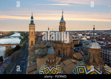 A beautiful view of Zaragoza, in Spain, from one of the towers of the Pilar Basilica near to Ebro river. A huge cathedral near to the river is the mos Stock Photo