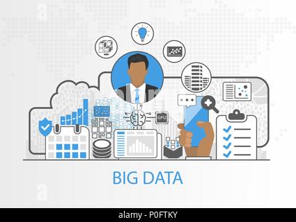 Big data vector background with business man and icons Stock Vector
