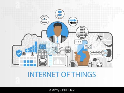 Internet of things vector background with business man and icons of connected devices Stock Vector