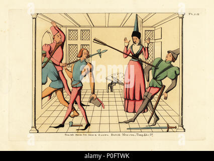 Costume of the late 15th century from a scene of murder: men in skrimp doublets, padded shoulders, tight sleeves, hats with a single feather and high boots, woman in tall conical hat with high-waisted dress, tight sleeves and broad girdle. From the manuscript Histoire de Petit Jehan de Saintre, British Museum, reign of King Edward IV of England. Handcoloured copperplate engraving from Thomas Anthony Day and J.H. Dines' Illustrations of Mediaeval Costume in England collected from manuscripts in the British Museum, Bibliotheque Nationale de Paris, Bosworth, London, 1853. Stock Photo
