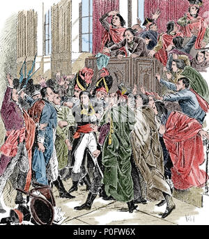 General Bonaparte Surrounded by members of the Council of Five Hundred, during the Coup of 18 Brumaire. Engraving, 19th cent. Stock Photo