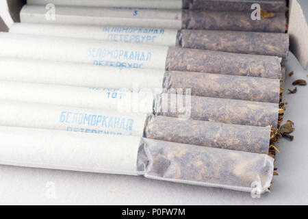 Belomorkanal (Russian: Беломорканал) is a Russian brand of cigarettes,  originally made by the Uritsky Tobacco Factory in Leningrad, Soviet Union  Stock Photo