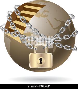 Earth locked by a chain.Isolated on white background. Stock Vector