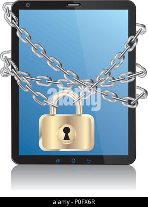 Tablet locked by a chain.Isolated on white background. Stock Vector