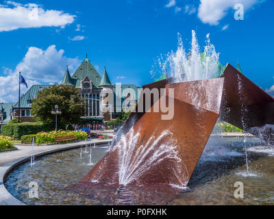 Fountain in La Place de la Gare, Vieux Quebec, Old Town, Quebec City, Canada. Stock Photo