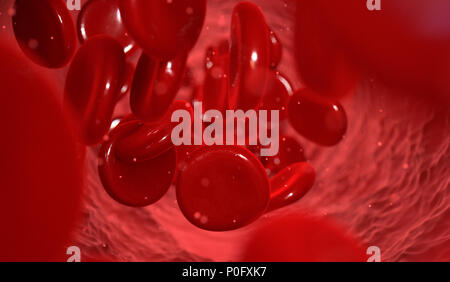 A macro closeup of a blood vein with red blood cells flowing through it - 3D render Stock Photo