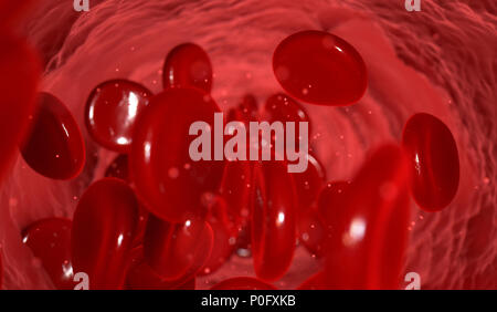 A macro closeup of a blood vein with red blood cells flowing through it - 3D render Stock Photo