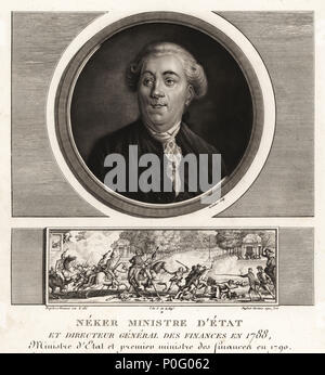 Neker or Jacques Necker, minister of state and director general of finances, 1732-1804. Mezzotint drawn and engraved by Jean Duplessis-Bertaux from his Collection Complete de 60 Portraits des Personnages qui ont le plus Figure dans la Revolution Francaise, Auber, Pairs, 1800. Portrait engraved by Charles Francois Gabriel Levachez. Vignette shows the busts of Neker and Orleans smashed in Place Louis XV, 12 July 1789. Stock Photo