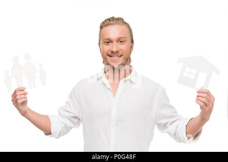portrait of cheerful man holding blank cards in hands isolated on white Stock Photo