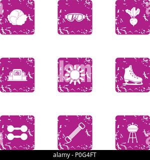 Green fit icons set, grunge style Stock Vector