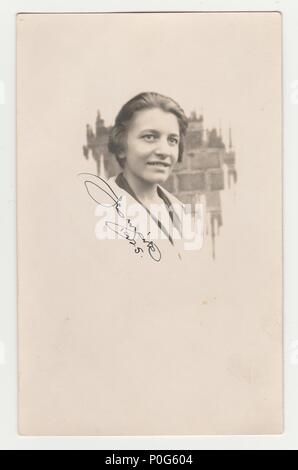 HODONIN, THE CZECHOSLOVAK REPUBLIC, CIRCA 1925: Vintage portrait of woman with her signature and date, circa 1925. Stock Photo