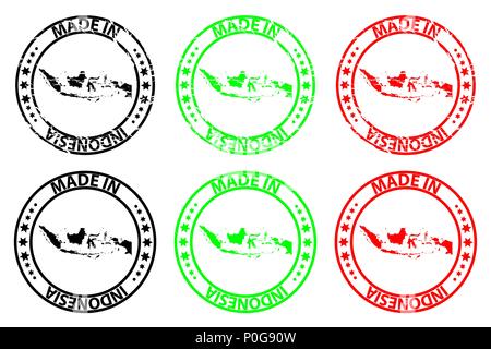 Made in Indonesia - rubber stamp - vector, Republic of Indonesia map pattern - black, green and red Stock Vector