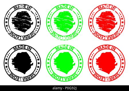 Made in Sierra Leone - rubber stamp - vector, Republic of Sierra Leone (Salone) map pattern - black, green and red Stock Vector