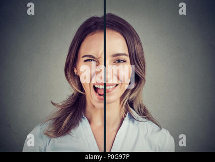 Bipolar disorder concept. Young woman with double face expression isolated on gray background Stock Photo