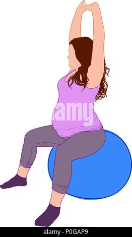 young pregnant girl engaged in yoga sitting on a large sports ball Stock Vector