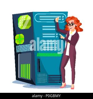 Data Center Vector. Hosting Server And Woman. Storage Cloud. Network And Database Support. Isolated Flat Cartoon Illustration Stock Vector