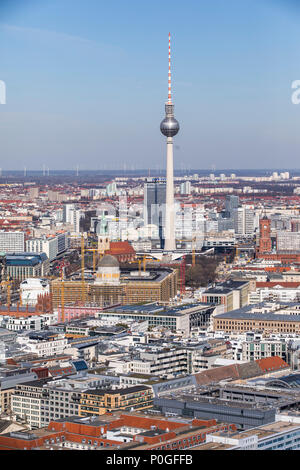 View over Berlin-Mitte, to the northeast, Berliner Dom, TV tower, construction site Berliner Schloss, Alexanderplatz square, Stock Photo