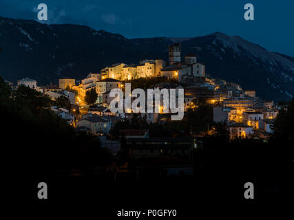 Castel del Monte by night, Abruzzo, L'Aquila, Italy, Europe Stock Photo