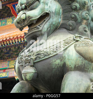 Bronze lion in front of the Hall of Supreme Harmony in Beijing Forbidden City, Forbidden City is one of China's landmarks Stock Photo