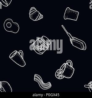 Seabless vector pattern with breakfast on black background. Tea, coffee, lemon, butter, bread, croisson, becon, oat, egg Stock Vector