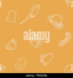 Seabless vector pattern with breakfast on orange background. Tea, coffee, lemon, butter, bread, croisson, becon, oat, egg Stock Vector