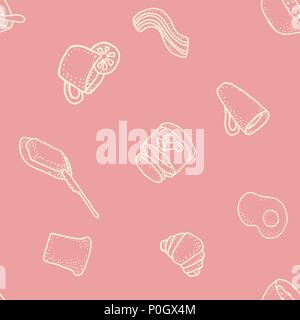 Seabless vector pattern with breakfast on pink background. Tea, coffee, lemon, butter, bread, croisson, becon, oat, egg Stock Vector