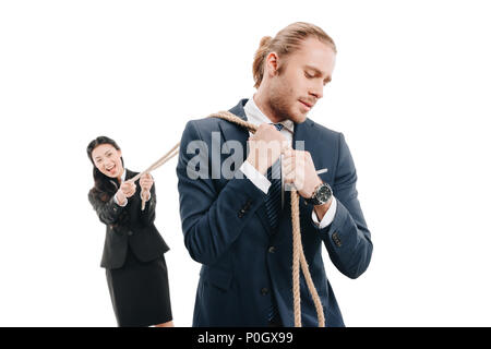 businessman in formal wear pulling rope with colleague, isolated on white Stock Photo