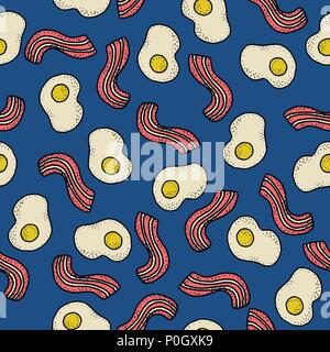 Seamless vector pattern with breakfast. Eggs and bacon on deep blue Stock Vector