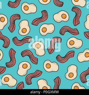 Seamless vector pattern with breakfast. Eggs and bacon on turquoise Stock Vector