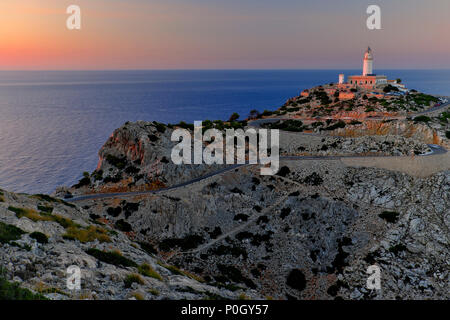 Sunset at the Formentor cape lighthouse. Balearic Islands, Mallorca, Spain. Stock Photo