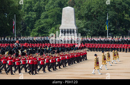 Troops of the 1st Battalion the Coldstream Guards during the Trooping the Colour ceremony at Horse Guards Parade, central London, as the Queen celebrates her official birthday. Stock Photo