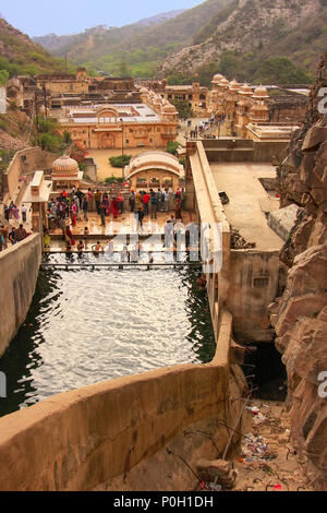 Galtaji Temple near Jaipur, Rajasthan, India. It consists of a series of temples built in to a narrow crevice in the ring of hills that surround Jaipu Stock Photo